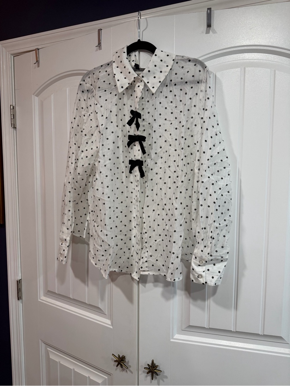 Eloquii Sheer White Polka Dot Long-Sleeve Blouse with Black Bows
